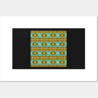 Aztec Pattern Blue and Olive Green Posters and Art